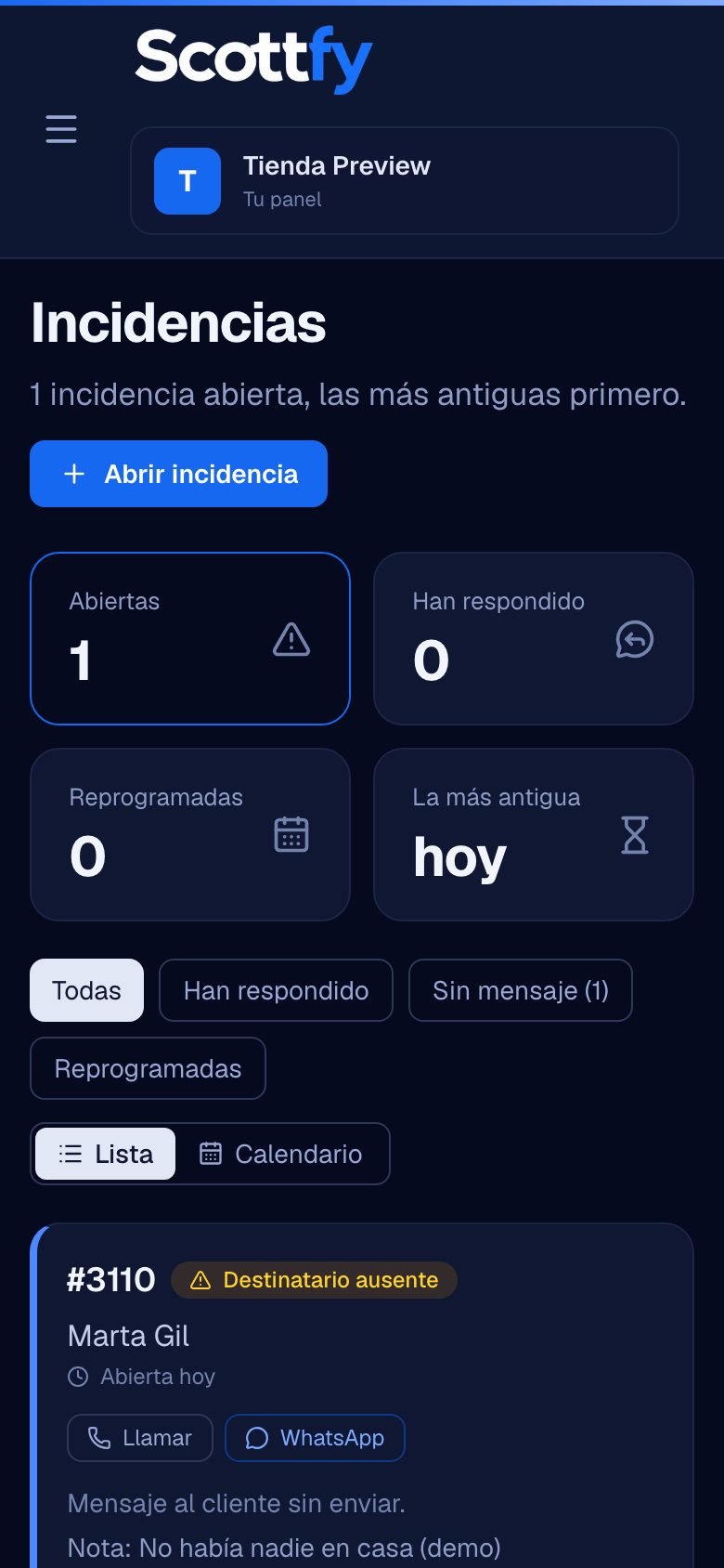 Pantalla de incidencias de Scottfy