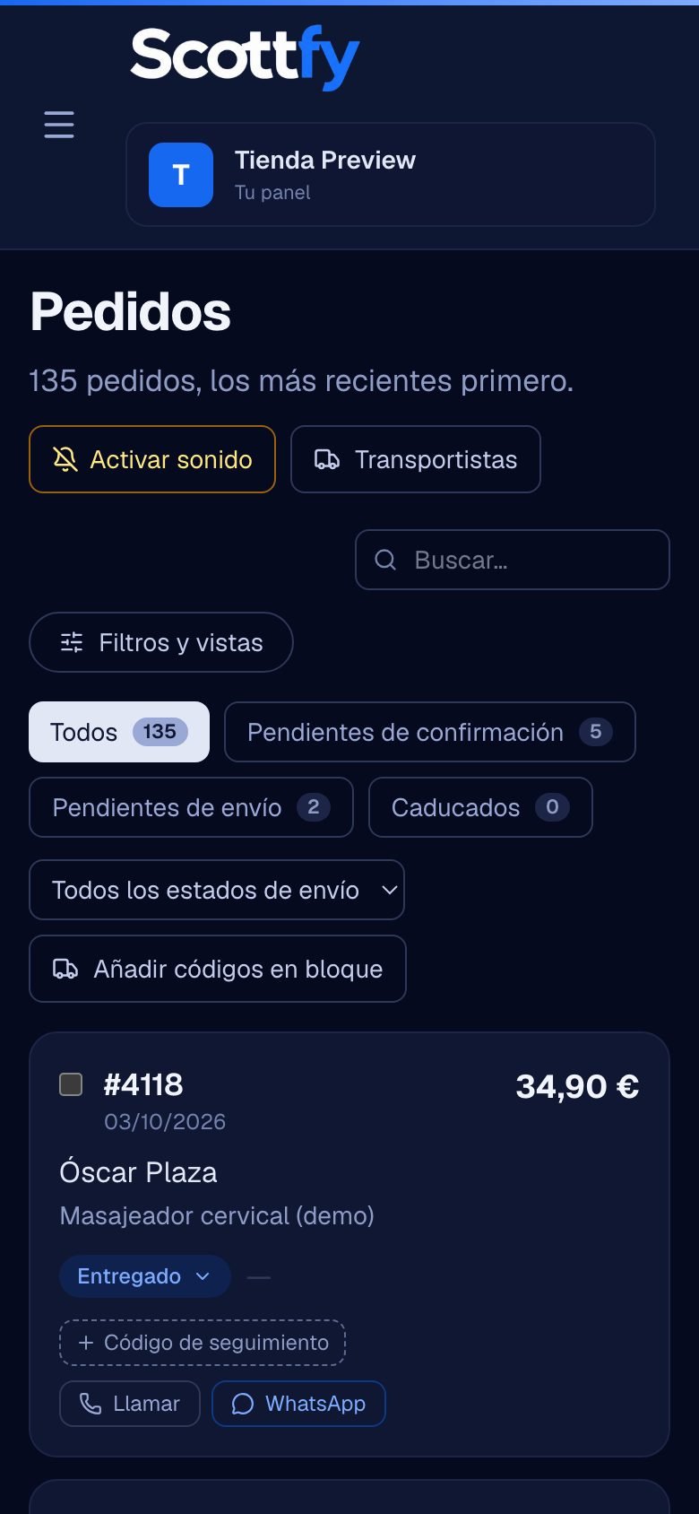 Pantalla de pedidos de Scottfy en el móvil