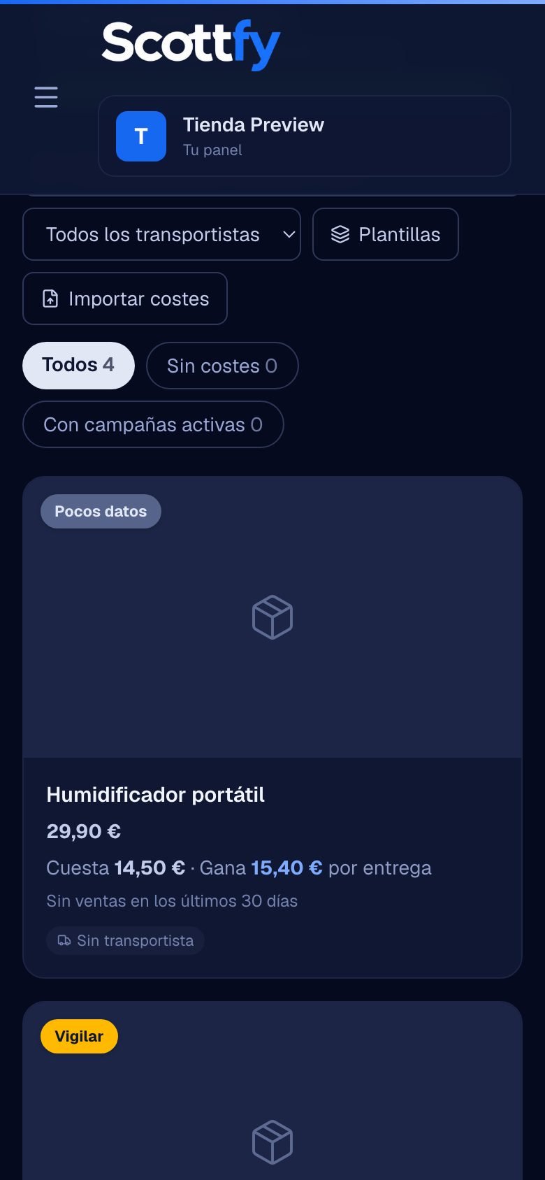 Productos y costes en Scottfy
